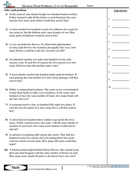 Division Worksheets - Division Word Problems (3÷1) w/ Remainder worksheet